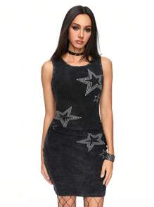 ROMWE Fairycore Women's Star Printed Snowflake Fabric Bodycon Dress With Hip & Pearl Details