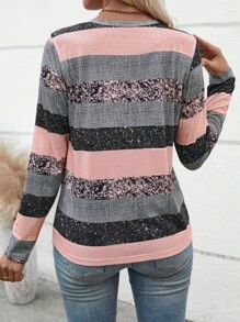 EMERY ROSE Women's Casual V-Neck Long Sleeve Striped Button T-Shirt With Random Print, Autumn Graphic Tees Women Tops For Spring Fall For Women - Multicolor - View 2