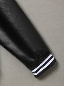 Tween 女童休闲字母印花拼接 PU 袖罗纹下摆棒球夹克，秋季