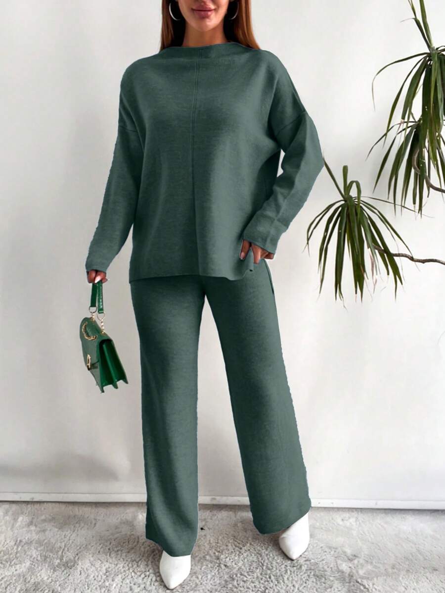 EURMUSE 2pcs Women's Solid Color Long Sleeve Casual Sweater And Pants Set - Mint Green - View 1