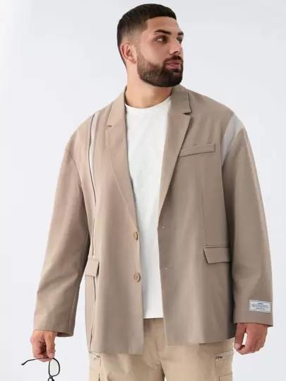 Manfinity VCAY 大码男士休闲宽松落肩拼接长袖西装外套，适合秋冬季