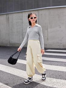 SHEIN Tween 女童休闲宽松舒适 Polo 领长袖 T 恤和哈伦裤 2 件套 - 彩色 - 查看 3