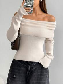 Flirla Women's Solid Color Off-Shoulder Long Sleeve Fitted Sweater, Autumn/Winter, Knit Pullover Fall - Beige - View 1