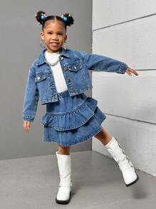 SHEIN 2pcs Young Girls Short Denim Jacket And Ruffle Trim Denim Skirt Set - Medium Wash - View 3