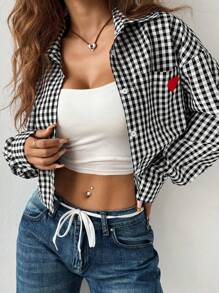 Áo sơ mi hở vai rộng rãi thêu hình trái tim kẻ sọc mùa xuân và mùa hè cho bé gái tuổi teen - Đen và trắng - Xem 7