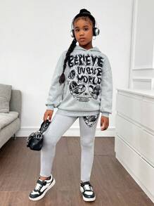 Bộ quần áo hoodie và quần legging in họa tiết đầu lâu mắt mèo phong cách đường phố Gothic thường ngày NovaGlow dành cho bé gái tuổi mới lớn, màu xám, phù hợp - Xám - Xem 3