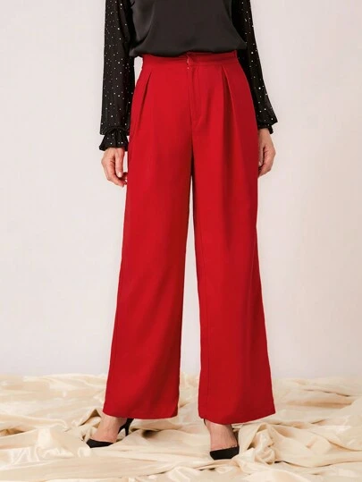 SHEIN LUNE Pantalones casuales y elegantes de pierna recta con botones en la cintura y bolsillos para mujeres