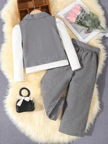 SHEIN Conjunto de 3 piezas para niña: Top de punto acanalado para uso diario, chaleco de tela texturizada, pantalones con decoración de botones, para otoño/invierno - Gris - Ver 2