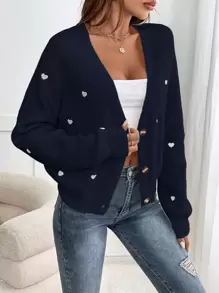 SHEIN Frenchy 女式深 V 领长袖休闲开衫，带心形印花和纽扣