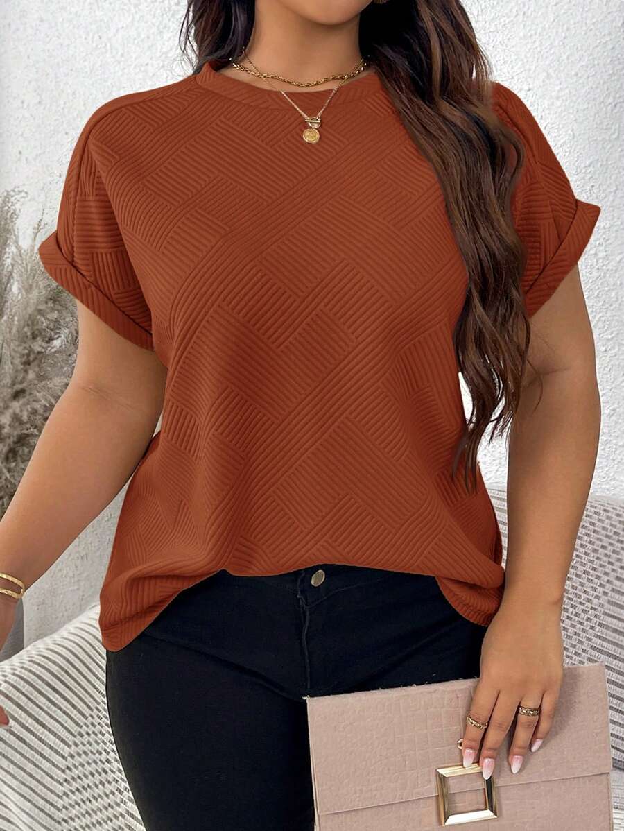 SHEIN LUNE Plus Size Solid Color Round Neck Short Sleeve Casual Top - Rust Brown - View 1