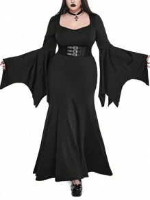 Whyspr Goth Punk Plus Size Women's Gothic Punk Style High Neck Ruched Flare Sleeve Mermaid Halloween Dress Maxi Goth Women Outfit - Black - View 1