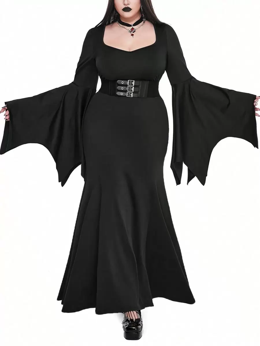 Whyspr Goth Punk Plus Size Women's Gothic Punk Style High Neck Ruched Flare Sleeve Mermaid Halloween Dress Maxi Goth Women Outfit - Black - View 1