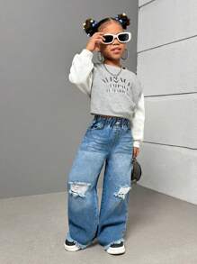 SHEIN Explorewe Young Girls Washed & Faded Denim Jeans - Medium Wash - View 3