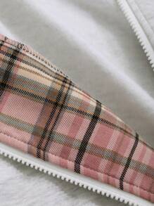 DAZY Women's Loose Plaid Patchwork Lined Hoodie Sweatshirt,Fall Women Clothes Jacket Zip Up - Grey - View 8