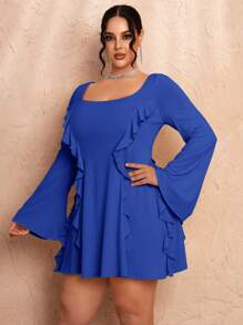 SHEIN BAE Plus Size Women Royal Blue,Autumn,Girlism,Night Out Club Summer Mini Dress,Backless Tie-Back Long Sleeve Casual Party Beach Holiday Ruffle Hem - Royal Blue - View 3