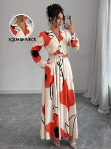 Chiquease Women's Lapel Neck Long Sleeve Button Front Allover Print Swing Dress Maxi Women Outfit Fall Cloth For Women