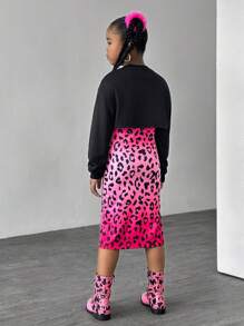 SHEIN Explorewe Tween Girl 春夏纯色圆领长袖短款上衣和豹纹卡通人物印花吊带背心连衣裙 2 件套 - 彩色 - 查看 2