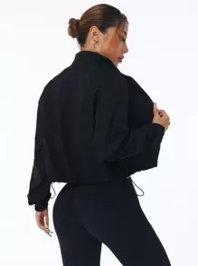 SHEIN Sports Casual Solid Color Stand Collar Drawstring Hem Sport Jacket - Black - View 2