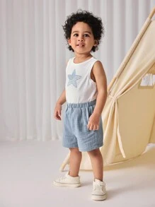 Cozy Pixies 嬰兒男童星型紋織針織軟短袖上衣和休閑短褲套裝，搭配翻領針織外套 - 藍色 - 查看 6