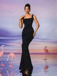 AOSHABABI Eternal Classic - Recreando la elegante belleza de la era de Herben, vestido de noche formal de terciopelo gris con cuello cuadrado, lentejuelas y silueta de sirena. Apropiado para todas las ocasiones formales, invitados de bodas, festivales de música, fiestas festivas, fiestas de cóctel, citas, vacaciones, bailes y vestido de dama de honor formal maxi, vestido de fiesta