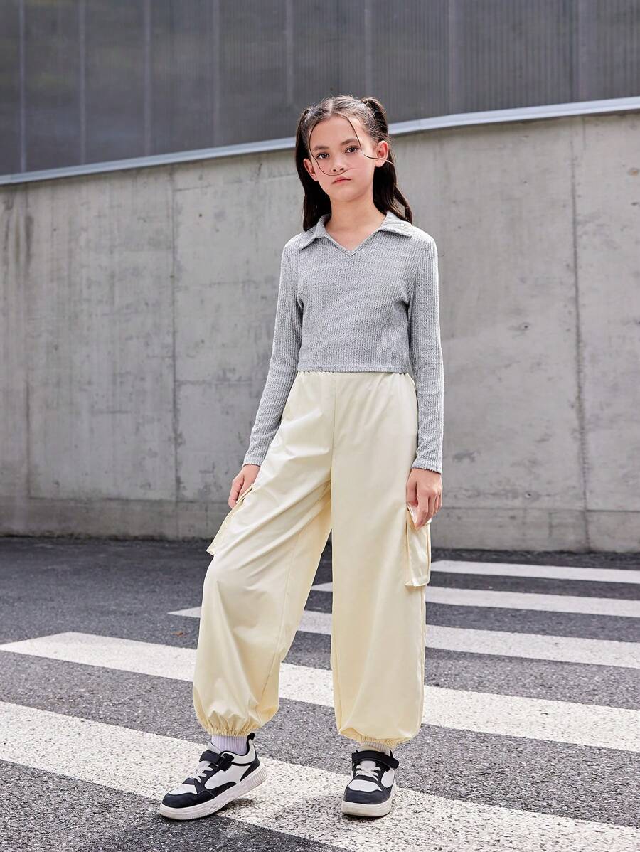 SHEIN Tween 女童休闲宽松舒适 Polo 领长袖 T 恤和哈伦裤 2 件套 - 彩色 - 查看 1