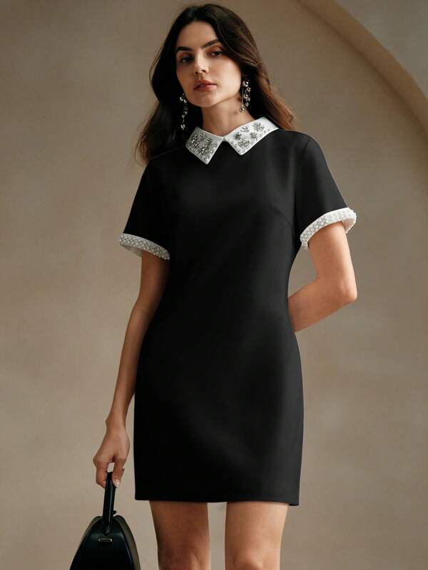 Anewsta Summer Elegant Contrast Color Block Studded Decorated Dress