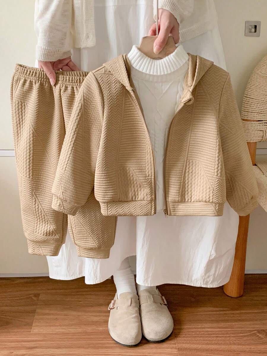 SHEIN 2pcs Baby Boy & Girl Casual Hooded Sweatshirt & Elastic Waist Pants Set, Khaki Textured Fabric, Suitable For Autumn & Winter - Multicolor - View 1