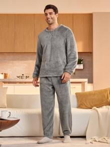 Manfinity Underwear&Sleepwear Basics Conjunto de pijama de polar de unicolor, con top de manga larga y pantalones para hombre, otoño/invierno