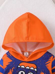SHEIN 2pcs/Set Baby Boys Monster Patchwork Hoodie Sweatshirt And Pants Outfit, Navy Blue And Orange, For Casual Wear, Outdoor, Home And Sports, Knit Cuffs And Hem Design, Monster Graphics On Front - Blue - View 7