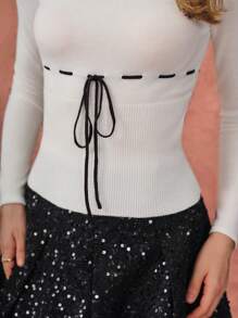 Enchnt Autumn New Women's French Square Collar Simple Black And White Contrasting Lace-Up Knitted Thermal Top, Warm Inner Knitted Top In Autumn And Winter - White - View 4