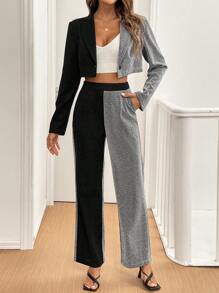 SHEIN Clasi Women Contrast Color Lapel Cropped Long Sleeve Jacket And Pants Casual Suit For Work - Black and White - View 3