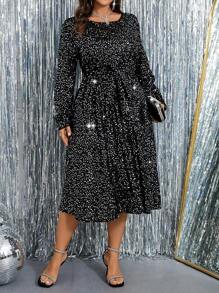 SHEIN Clasi 大码女式优雅亮片裹身圆领长袖连衣裙，秋季长款女装 - 黑色 - 查看 6