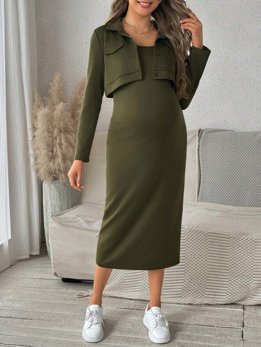 SHEIN 2pcs Maternity Solid Color Casual Long Sleeve Jacket And Sleeveless Dress Set, Spring Summer - Army Green - View 1