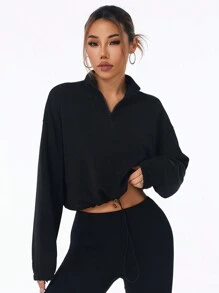 Easithlete 纯色立领抽绳下摆拉链运动衫 秋季拉链运动衫 - 黑色 - 查看 4