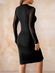 Glamine Women's Black Mesh Paneled Dress With Cutout Hem & Side Slit - Elegant Sexy Fall Outfit For Women - Black - View 2