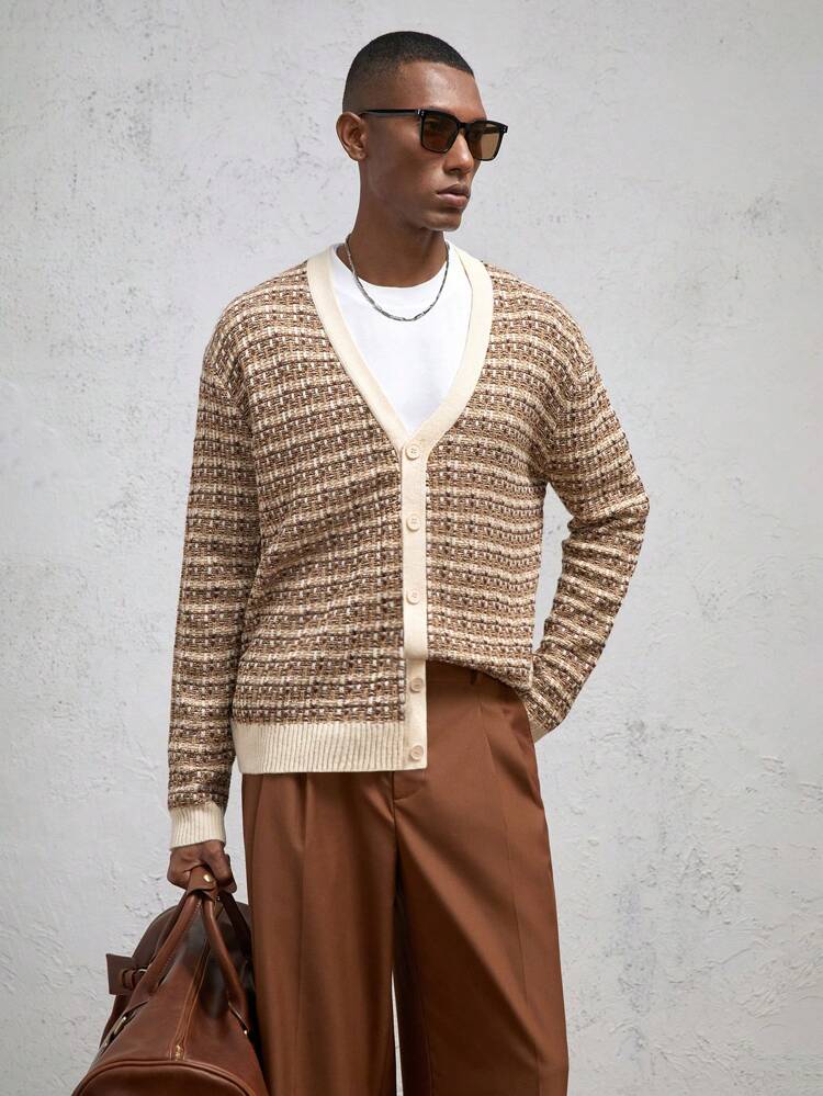 Cardigan Casual de Tricô Colorblock Masculino, Adequado para Outono/Inverno