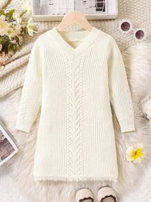 SHEIN Girls Casual  Tassel Knitted V-Neck Loose Solid Color Long Sleeve Sweater Dress, Suitable For Daily Wear And  Moments