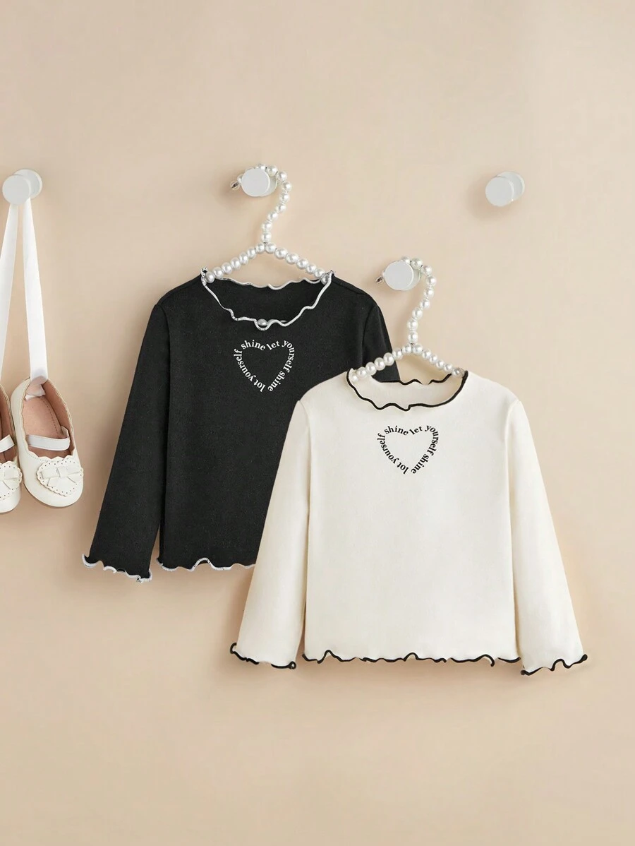SHEIN 2 Stücke Set Baby Mädchen Elegant Farbblock Einfarbig mit Herz- und Textmuster Top, Lässig Kleidung