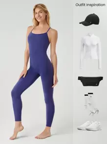 GLOWMODE 24" FeatherFit™ Define You Crossback Open U-Back Jumpsuit Bodysuit Low Impact Yoga Daily - Royal Blue - View 8