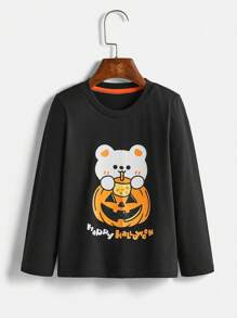 2 件套小女孩熊和南瓜图案长袖上衣和全身印花紧身裤万圣节服装