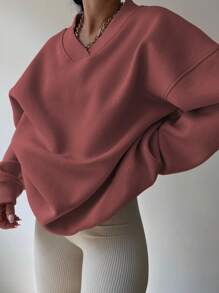 INAWLY Women's Solid Color V-Neck Dropped Shoulder Long Sleeve Casual Sweatshirt, Autumn/Winter,Long Sleeve Tops Graduation,Back To School Outfits,Graduation,Teacher Outfits For Women,Back To School Pullover Fall Outfit
