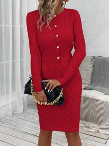 EMERY ROSE 2件套女士纹理针织连衣裙套装，秋冬优雅舒适 - 玫瑰紅 - 查看 4