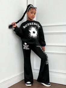 SHEIN Tween Girls Gothic Style Star & Text Graphic Print Thermal Lined Oversized Sweatshirt And Flare Pants Set