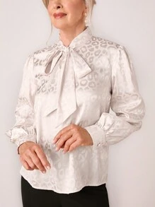 SHEIN LUNE Women's Elegant Leopard Print Jacquard Tie Collar Shirt, Spring Autumn - Apricot - View 6