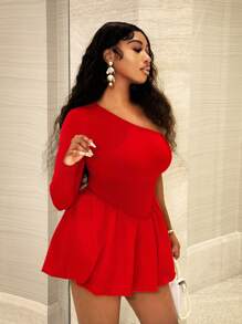 BamGleam Vestido rojo con flor y un solo hombro hecho de punto de París para mujer
