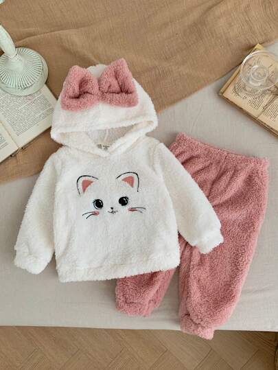 SHEIN LMoss Kids LMoss Baby Girl Cute Cartoon Pattern Fleece Hoodie Sweatshirt And Elastic Waist Pink Pants Set, Warm Winter Outfit