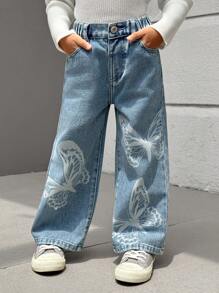 SHEIN Explorewe Young Girls New All-Match Versatile Washed Butterfly Print Straight Leg Wide Jeans - Light Wash - View 3