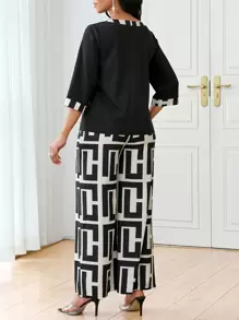 SHEIN Lady 2 件女式几何印花圆领 3/4 袖上衣和阔腿裤宽松优雅套装，夏季 - 彩色 - 查看 2