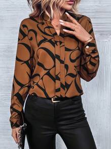 SHEIN LUNE 春秋休闲字母印花衬衫 - 棕色 - 查看 3