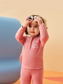 SHEIN Baby Girls Thermal Lined Bear Embroidered Base Layer Outfit, Warm Winter - Multicolor - View 3